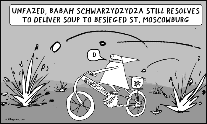 Unfazed Babah Schwarzydzydza rides bicycle to deliver soup